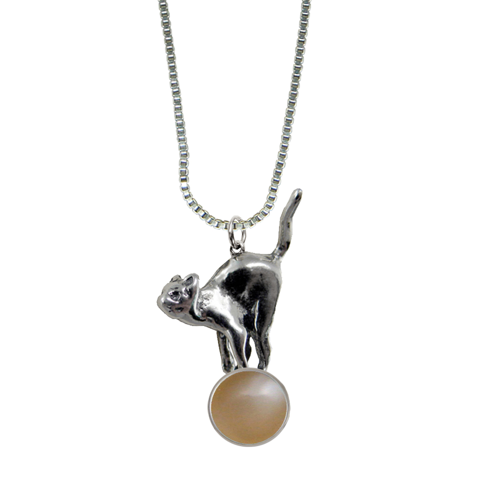 Sterling Silver Playful Kitty Cat About To Jump Pendant With Peach Moonstone